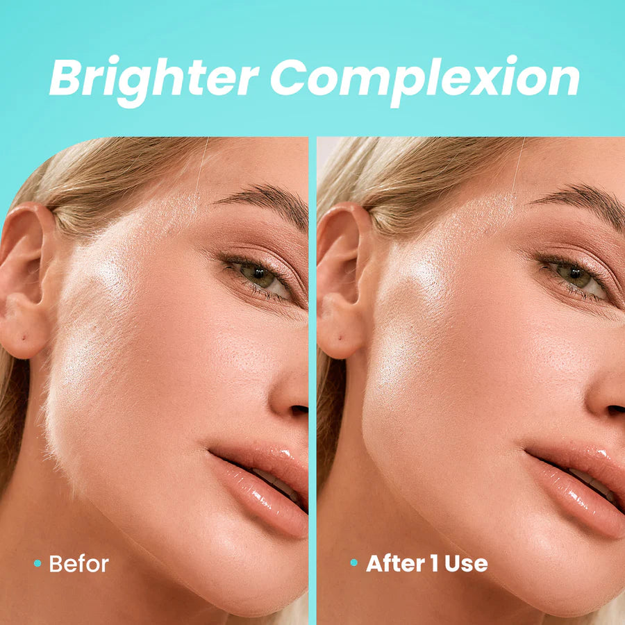 Before and after comparison of a woman's face after using sonic dermaplaner tool.