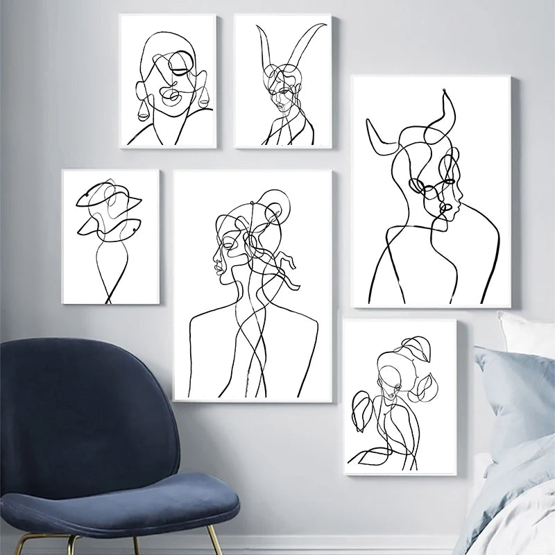 Modern Room Decor Aesthetic Black White Abstract Line Women Wall Art Canvas Printings Pictures for Home Design Wall Paintings