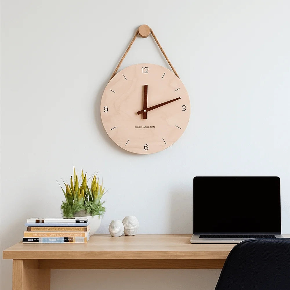 Home Decor Round Solid Wood Clock Hanging Minimalist Aesthetic Clock Nordic Style Wall Clock Office