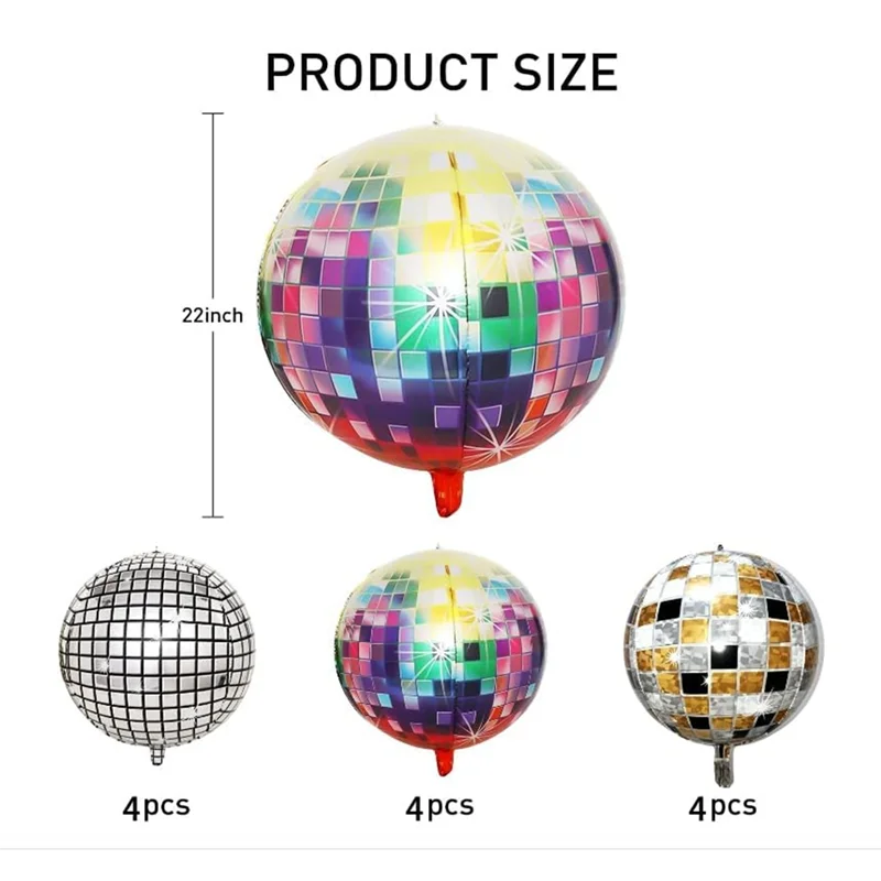 VELIF-Disco Ball Balloons,12PCS 22 Inches For Birthday Parties, 4D Colorful Ballons Decorations For 70S 80S 90S Ballroom Decor