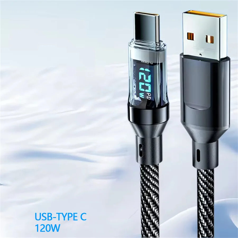 120W USB to Type C Cable Phone Super Fast Charging Cable With LED Display 100W Type-C To Type-C Data Cord For Huawei Oppo Vivo