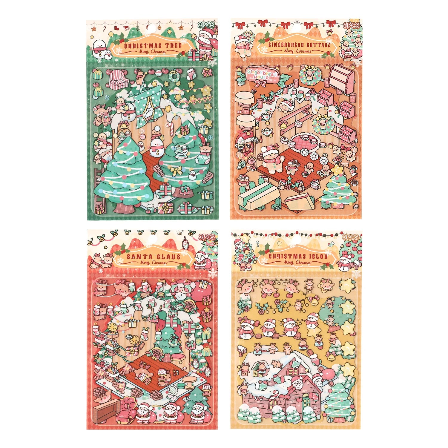 Christmas 3D Scene Stickers - 3pcs Festive Diorama Decals for DIY Journals & Crafts