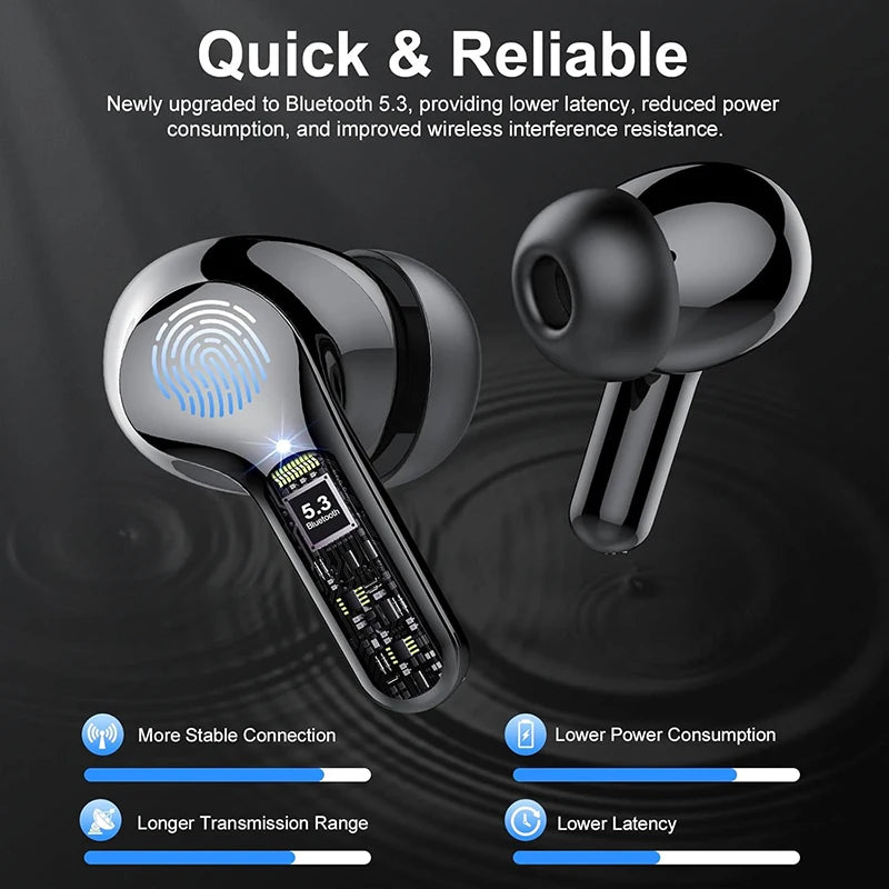 UYUXIO Wireless Earbuds BT5.3 HiFi Stereo Headphones with LED Display ENC Noise Cancelling Mic 48H IP7 Waterproof Earphones