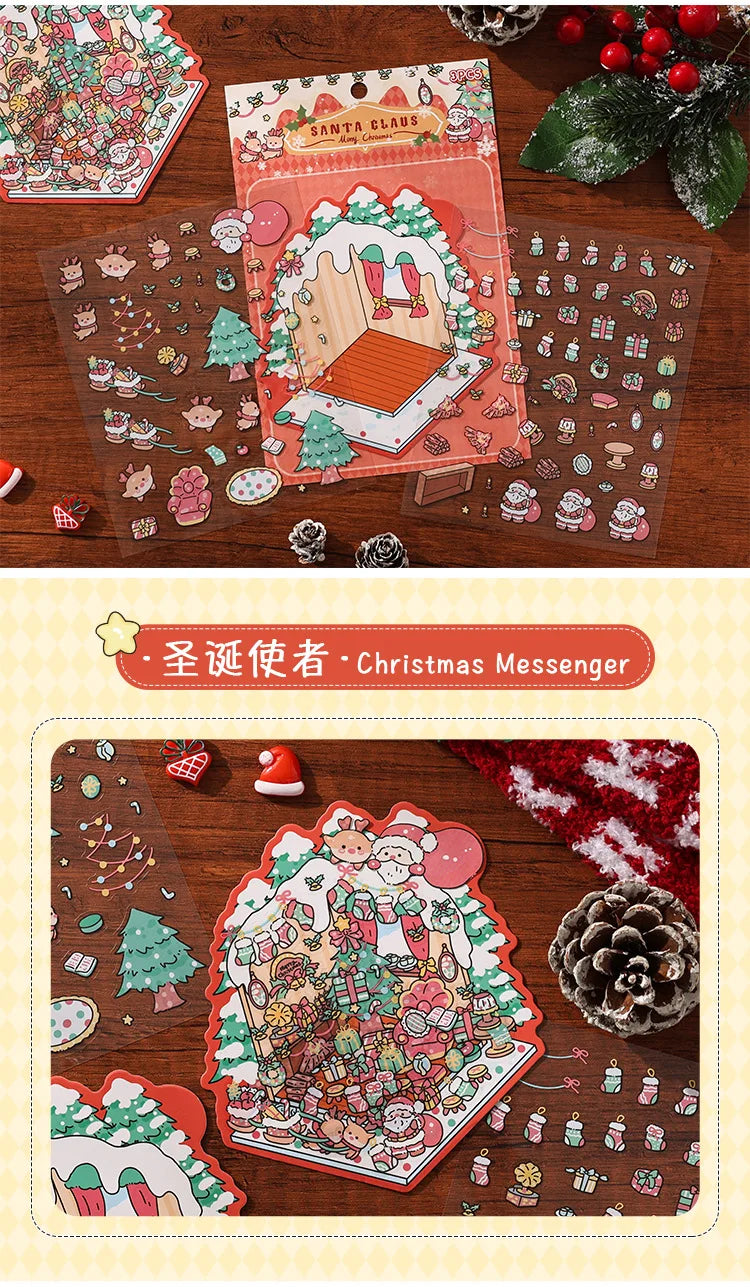 Christmas 3D Scene Stickers - 3pcs Festive Diorama Decals for DIY Journals & Crafts