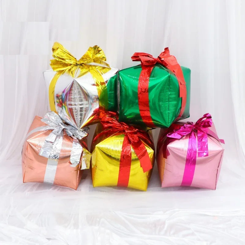 Gift Box Decorative Balloon Christmas Standing Balloons Aluminum Foil Photo Props Globs Christmas Gift Box Ornament with Bow