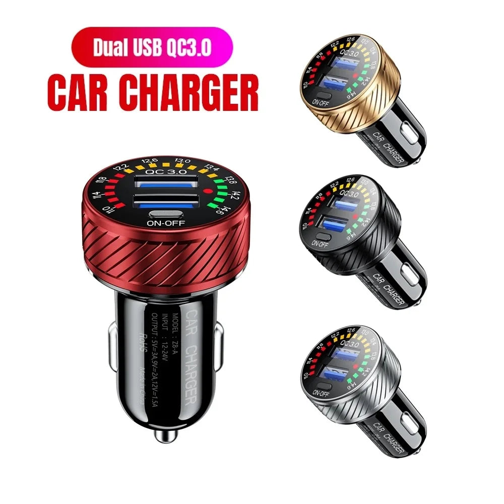 QC 3.0 Dual USB Car Charger 12V 24V Waterproof 18W Fast Charging Marquee Light LED Voltmeter ON OFF Switch Car-charger Adapter