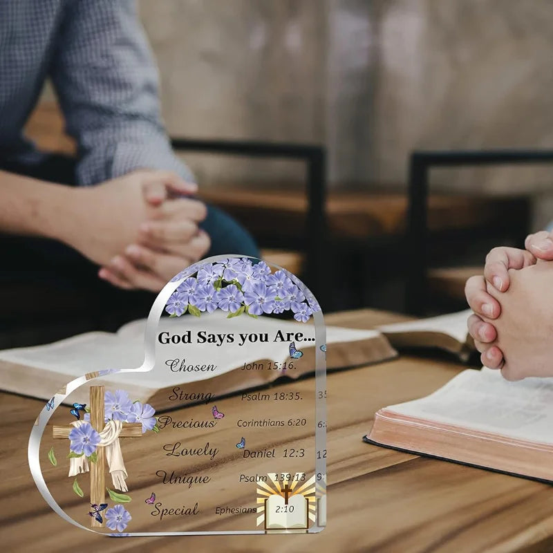 Christian Acrylic Heart - Inspirational Bible Verse Desk Decor & Gift