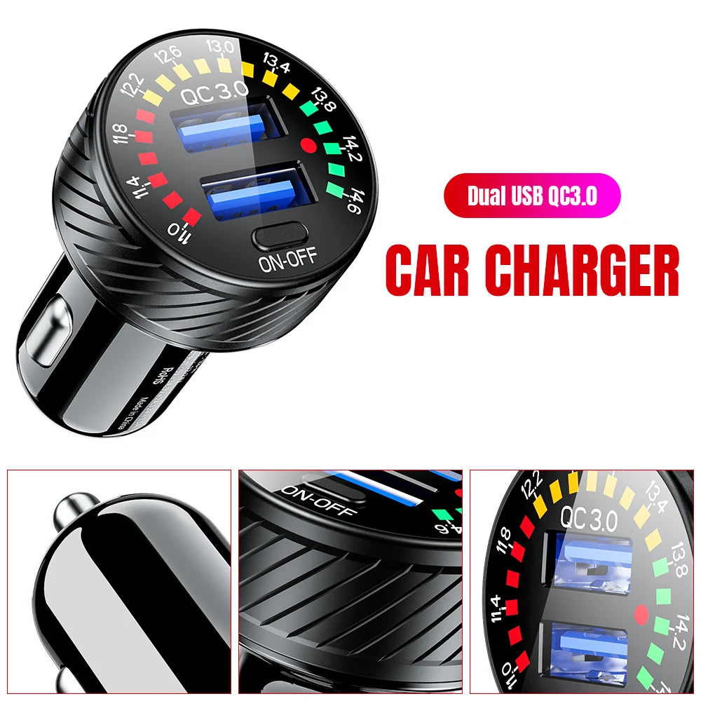 QC 3.0 Dual USB Car Charger 12V 24V Waterproof 18W Fast Charging Marquee Light LED Voltmeter ON OFF Switch Car-charger Adapter