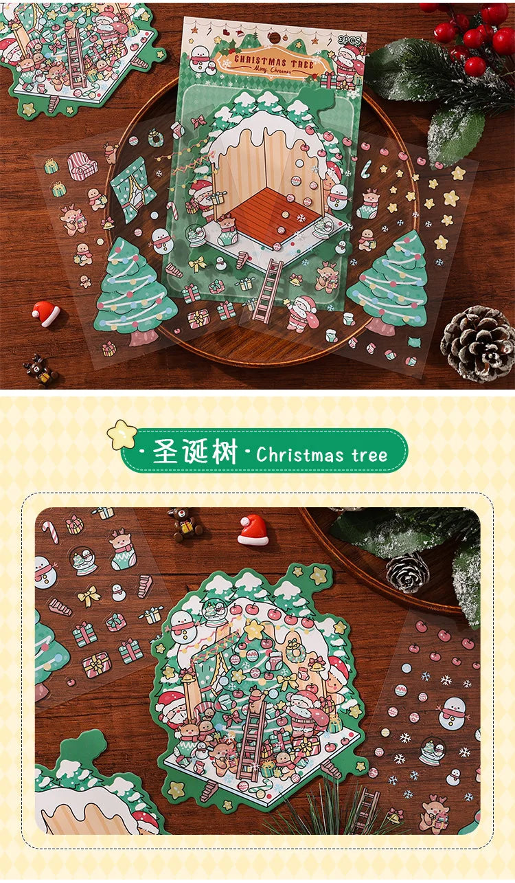 Christmas 3D Scene Stickers - 3pcs Festive Diorama Decals for DIY Journals & Crafts
