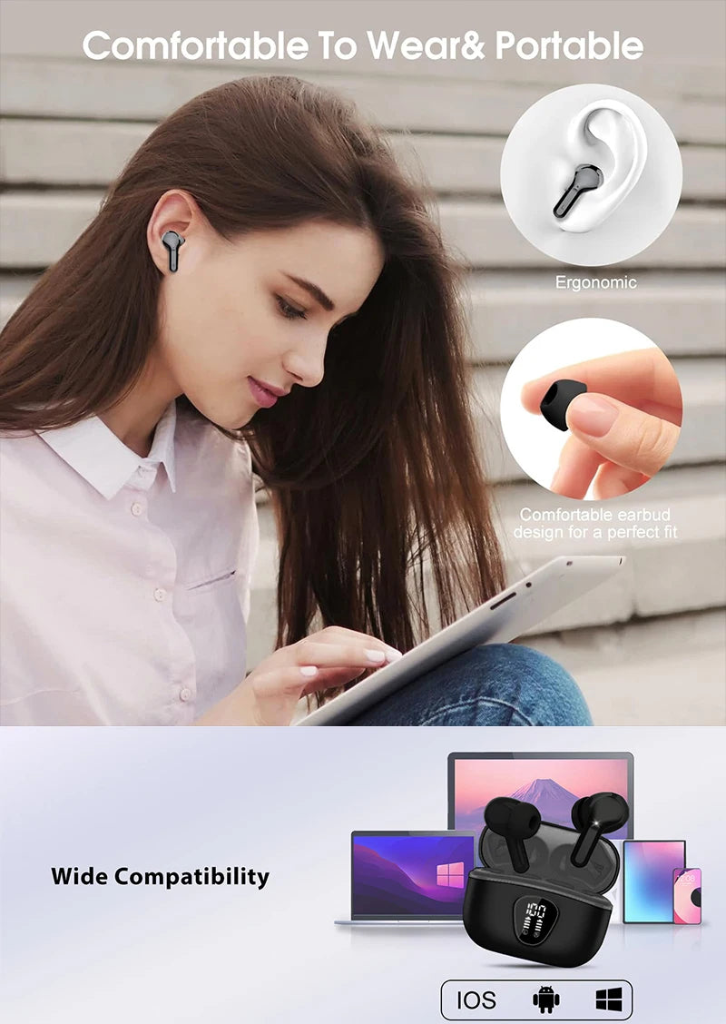 UYUXIO Wireless Earbuds BT5.3 HiFi Stereo Headphones with LED Display ENC Noise Cancelling Mic 48H IP7 Waterproof Earphones