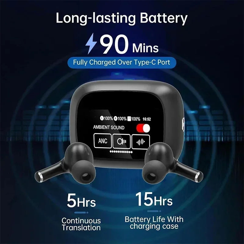 AI Languages Translator Earbuds with Screen Noise Cancelling Earphone with with 144 Languages Real Time Translation Headphones