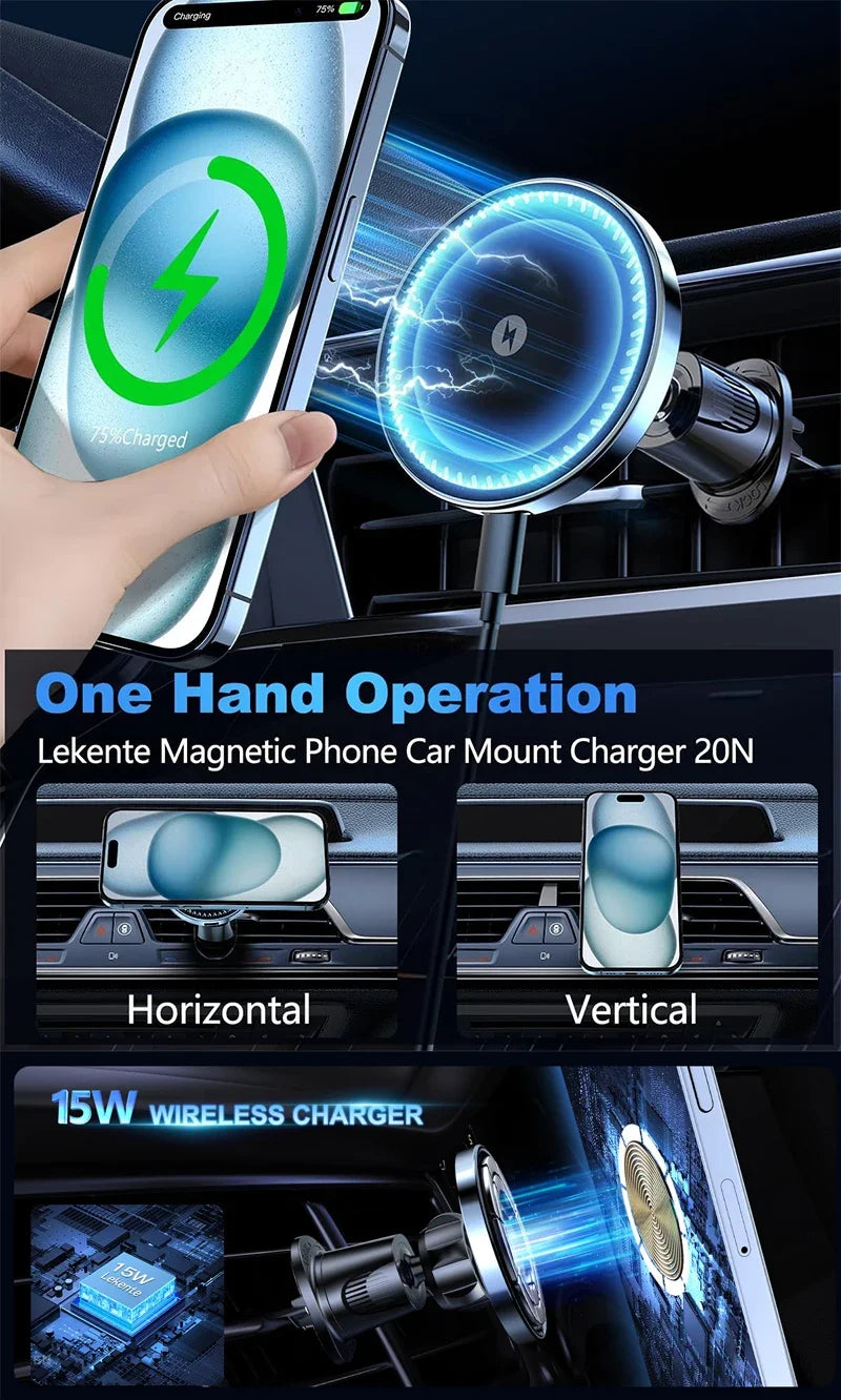 UYUXIO Magnetic Wireless Car Phone Charger Adapter 15W Air Vent Magnetic Car Phone Holder for iPhone 16 15 14 13 12 Pro Max Plus