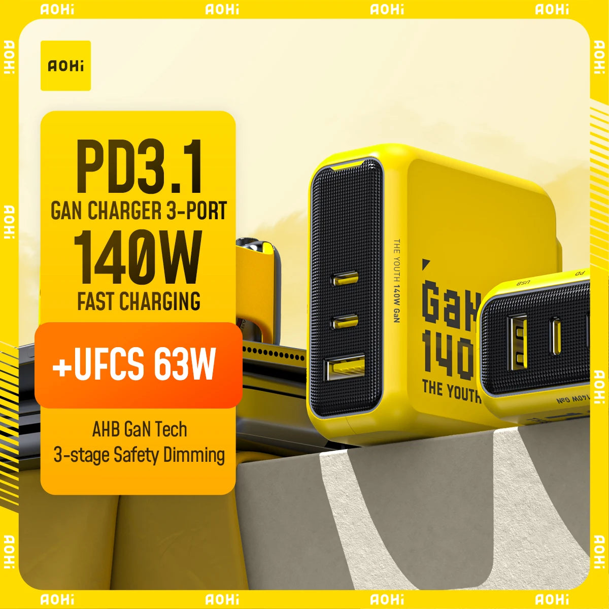 AOHI Youth 140W GaN Charger PD3.1 3-Port Type C Quick Charge For Macbook Pro Laptop USB Fast Charger For iPhone 16 Xiaomi Tablet