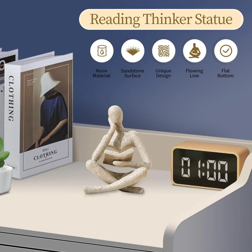 Bookshelf Decor Thinker Statue - Abstract Art Reading Thinker Sculpture Figurine Aesthetic, Modern Home Decoration for Living