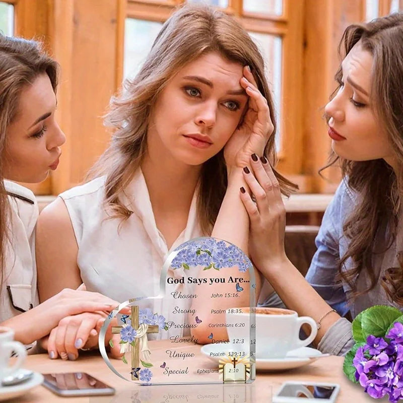 Christian Acrylic Heart - Inspirational Bible Verse Desk Decor & Gift