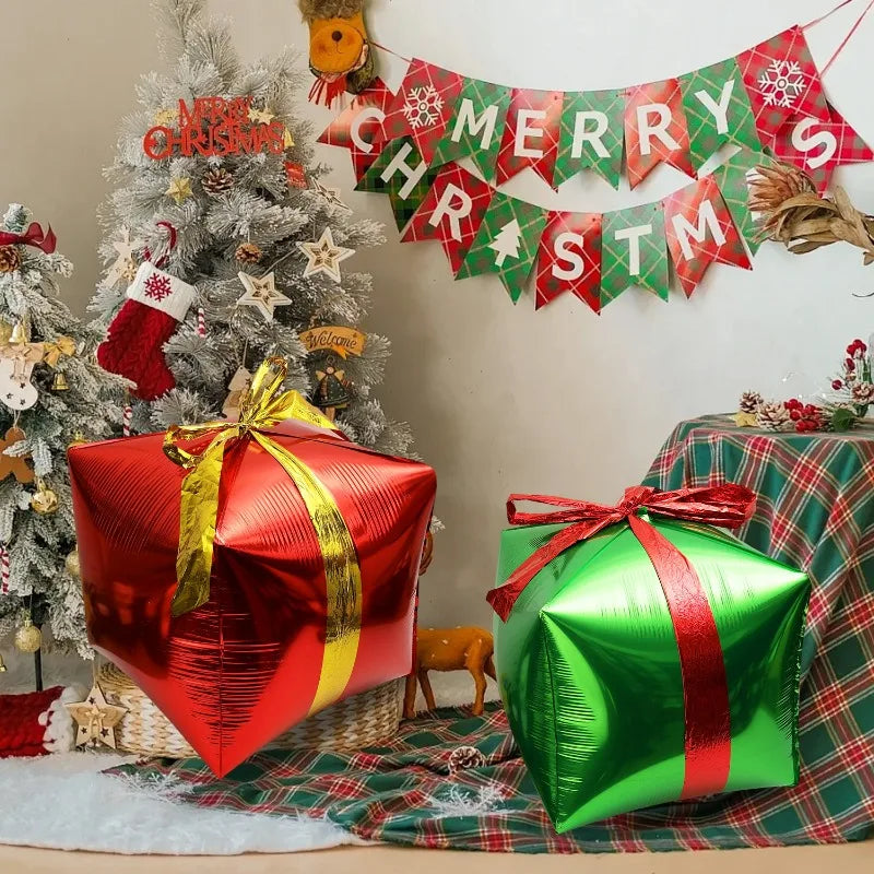 Gift Box Decorative Balloon Christmas Standing Balloons Aluminum Foil Photo Props Globs Christmas Gift Box Ornament with Bow