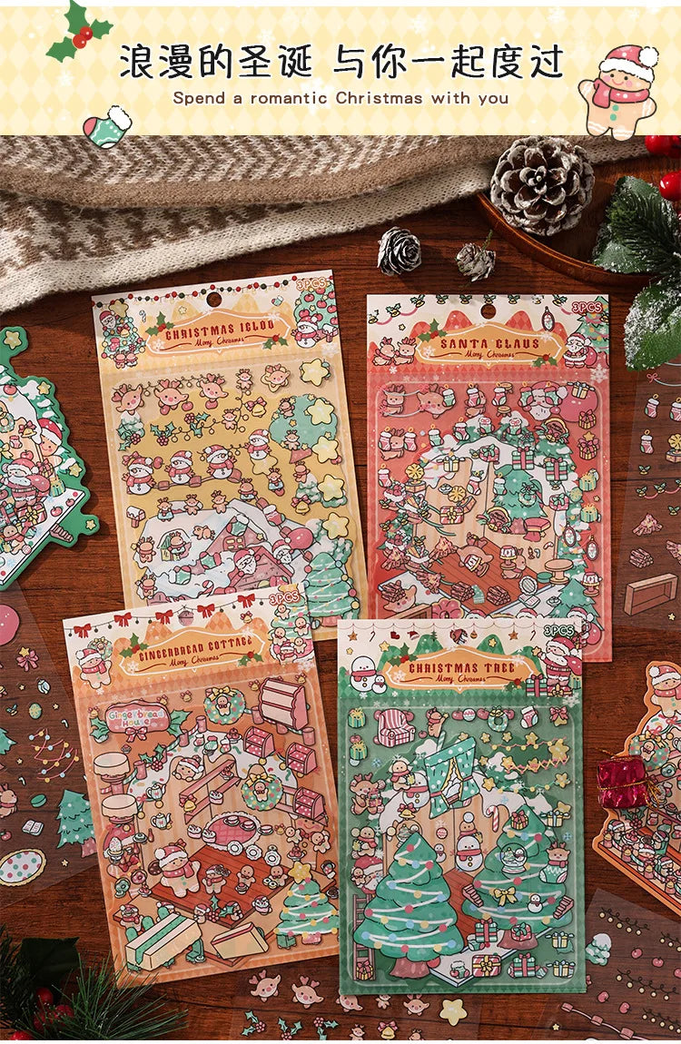 Christmas 3D Scene Stickers - 3pcs Festive Diorama Decals for DIY Journals & Crafts