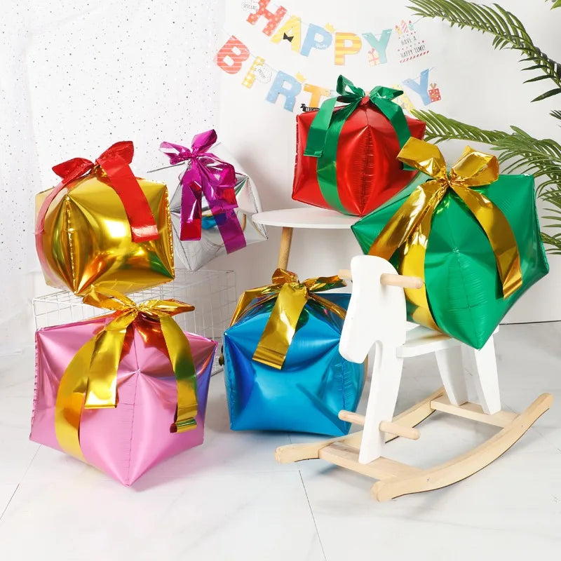 Gift Box Decorative Balloon Christmas Standing Balloons Aluminum Foil Photo Props Globs Christmas Gift Box Ornament with Bow