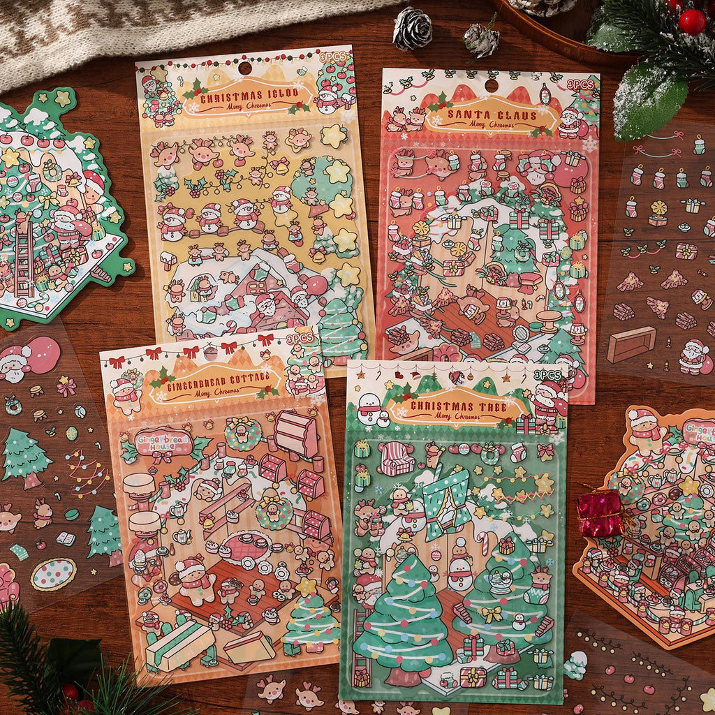 Christmas 3D Scene Stickers - 3pcs Festive Diorama Decals for DIY Journals & Crafts