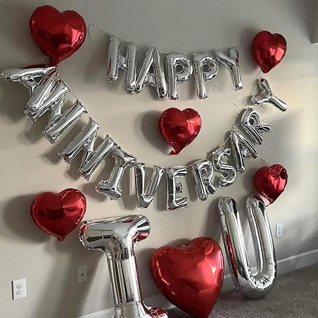 18pcs Happy Anniversary Decorative Balloon Banners, Suitable for Valentine's Day, Anniversary, Romantic Home Decoration