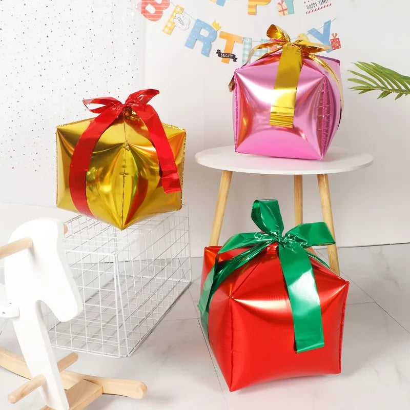 Gift Box Decorative Balloon Christmas Standing Balloons Aluminum Foil Photo Props Globs Christmas Gift Box Ornament with Bow