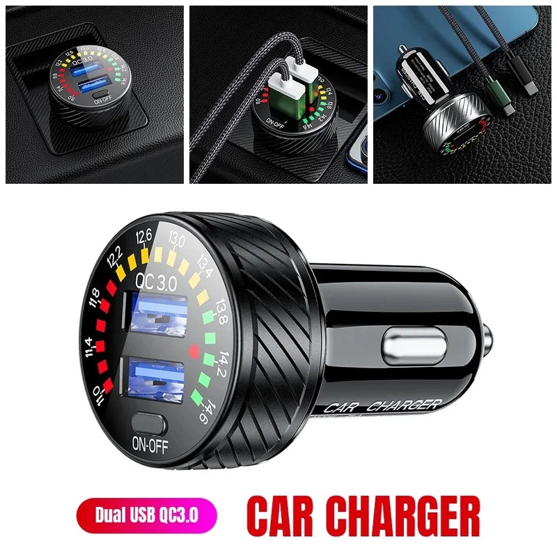 QC 3.0 Dual USB Car Charger 12V 24V Waterproof 18W Fast Charging Marquee Light LED Voltmeter ON OFF Switch Car-charger Adapter