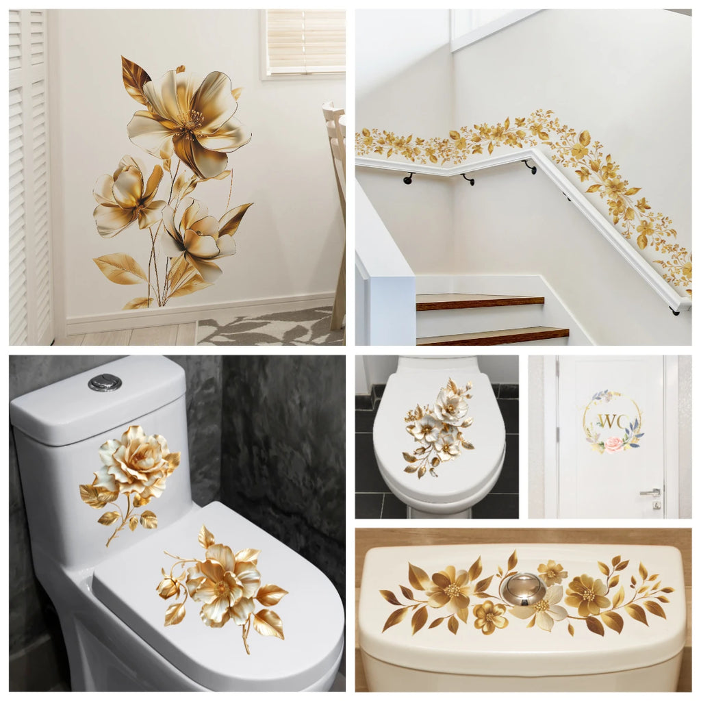 Creative Golden Floral Aesthetic Home Decoration Wallpaper Living Room Modern Art Mural Bedroom Toilet Decal Bathroom Wall Decor
