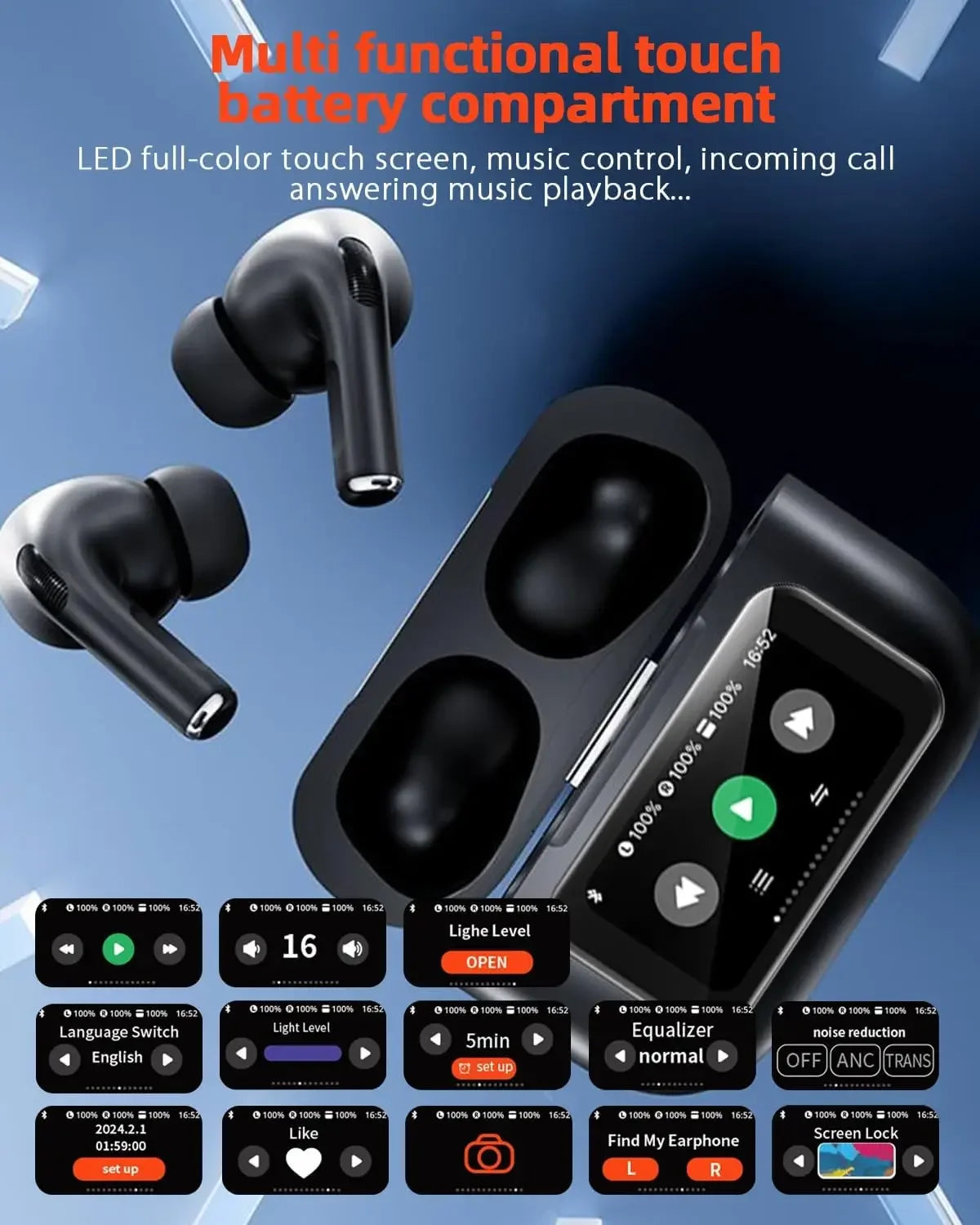 AI Languages Translator Earbuds with Screen Noise Cancelling Earphone with with 144 Languages Real Time Translation Headphones