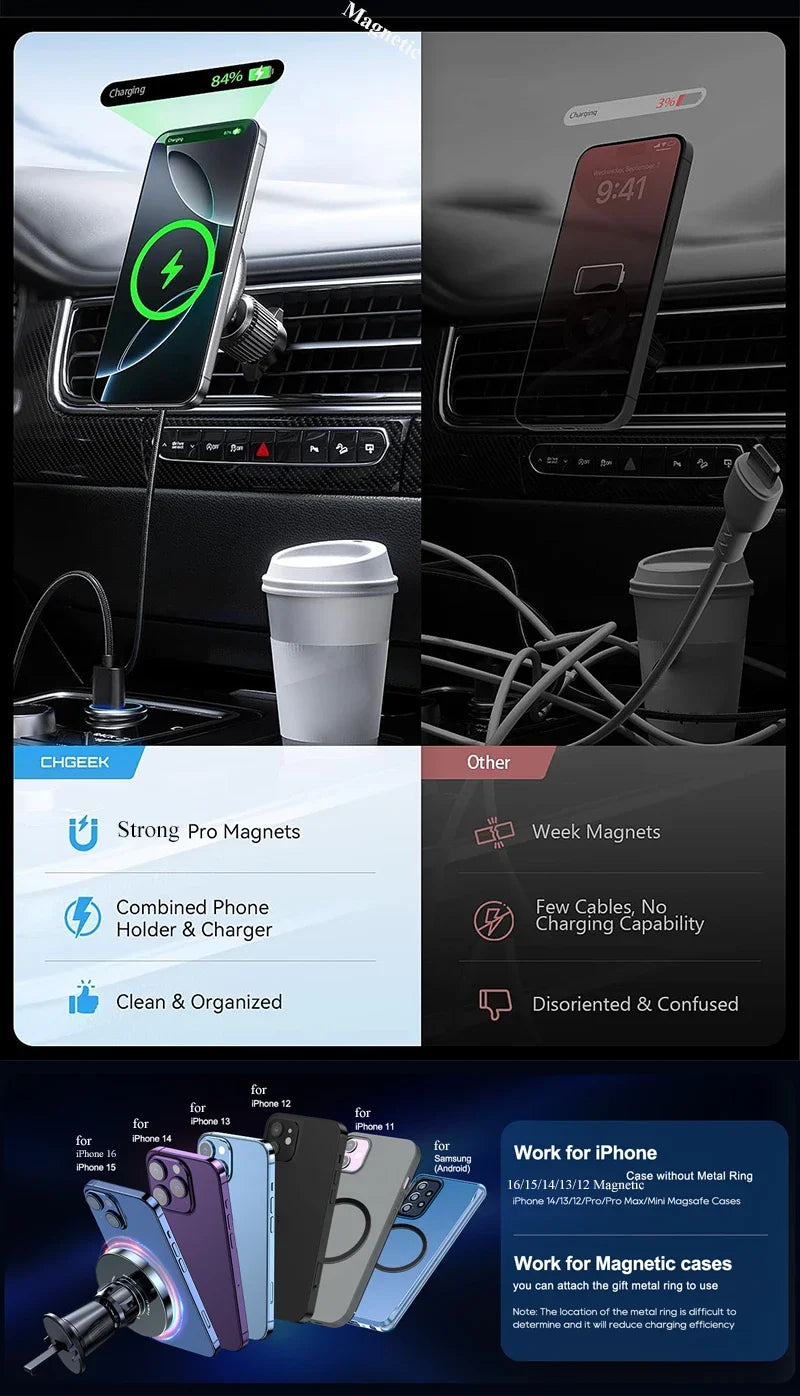 UYUXIO Magnetic Wireless Car Phone Charger Adapter 15W Air Vent Magnetic Car Phone Holder for iPhone 16 15 14 13 12 Pro Max Plus