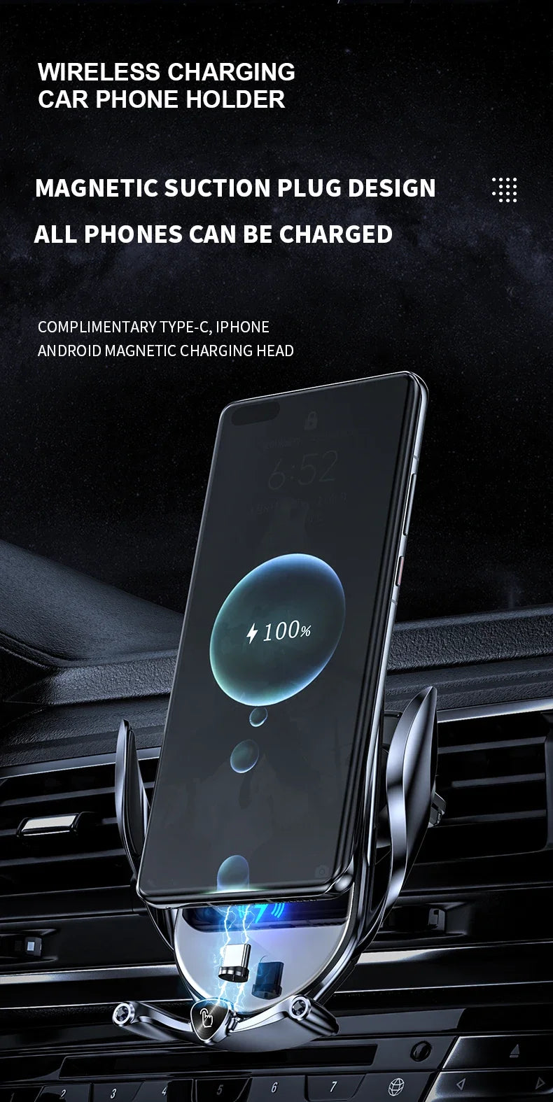 Car Phone Holder 15W Wireless Fast Charger Magnetic Charger Head Touch Control for iPhone 12 13 14 15 Pro Max Xiaomi Huawei