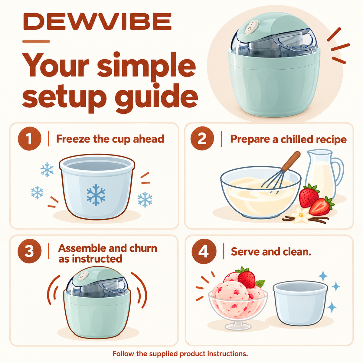 Four-step usage guide for Personal Ice Cream Maker